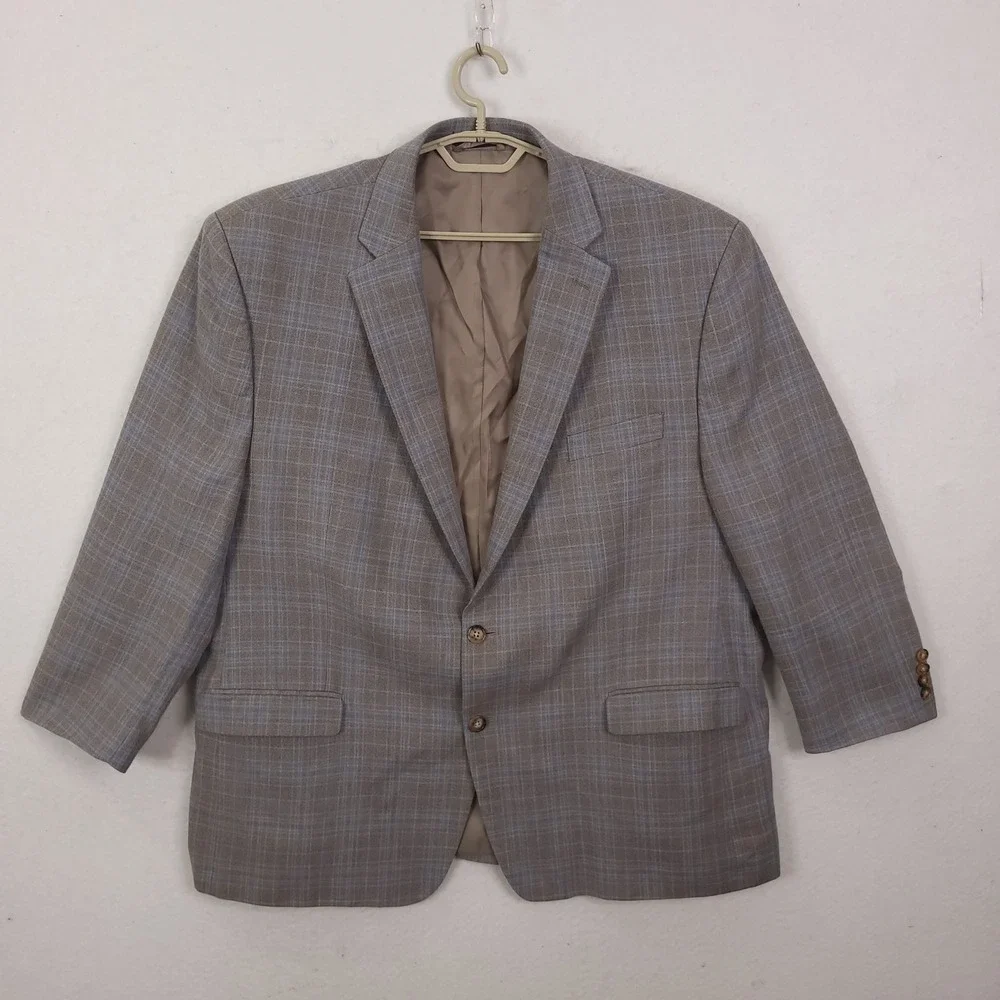 Lauren Ralph Lauren Blazer Mens 50R Tan Blue Plaid Silk Wool Sport Coat Jacket